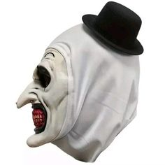 Black Hat Clown Mask Terrifier Costume Latex Art Mask Halloween Cosplay Prop New Gothic Costume Accessories For Halloween Theater, Black Theater Costumes For Halloween, Gothic Cosplay Costume For Halloween Masquerade, Spooky Halloween Costume Hats And Headpieces, White Horror Costume Accessories For Costume Party, Halloween Fantasy Mask Costume, Fitted Masks And Prosthetics For Halloween Cosplay, Fitted Halloween Mask Costume Accessories, Fitted Halloween Costume Accessories Mask