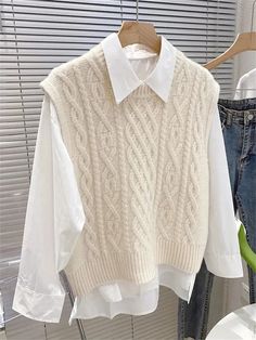 Sleeveless Sweater Outfit Summer, Winter Pullover Women, Style White Sweater Vest, Knitted Vest Women, Sleeveless Jumper Outfit Knit Vest, Oversized Sweater Vest Outfit Plus Size, Outfits With Knitted Vests, White Button Up With Sweater Vest, Sweatvest Outfit