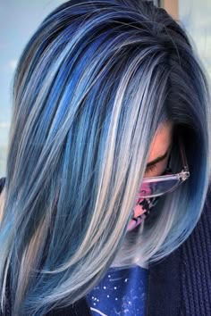 Blue Balayage Blonde, Grey Hair With Blue Highlights, Funky Hair Color Ideas, Silver Blue Hair, Purple Blonde, Blue Grey Hair, Blue Hair Highlights, Blue Ombre Hair, Woman Hairstyles