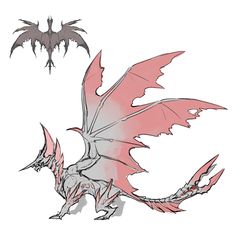 a drawing of a dragon with wings spread out