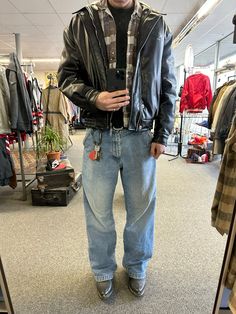 #streetstyle #outfits #baggy #fit #leather #denim #cowboyboots #cowboy #layers #outfitidea #outfitstyle Men's Jeans Outfit, Male Fashion Inspo Outfits, Country Outfits Male, Cowboy Grunge Outfits, Leather Jacket Men’s Outfit, Platform Boots Outfit Men, Boots Y2k Outfit, Leather Outfits Men, Dark Baggy Clothes