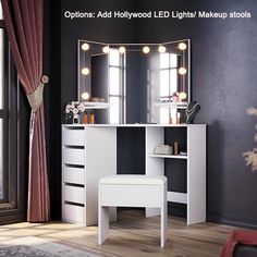 a white vanity with lights on it and a stool in front of the mirror that is open