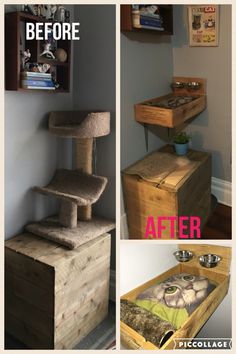 before and after photos of a cat scratching station made out of pallet wood with drawers