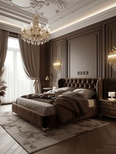 an elegant bedroom with chandelier, bed and window in the middle is shown