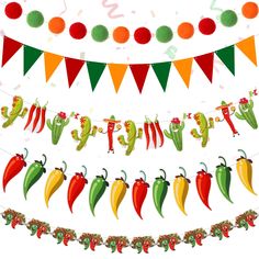 a bunch of chili peppers hanging from a line with bunting and confetti