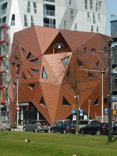 the building has many triangular shapes on it