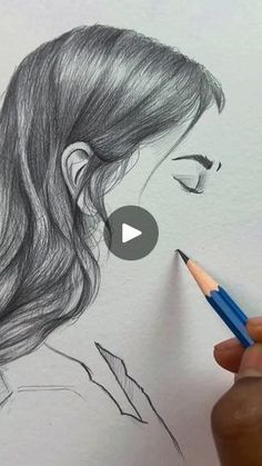 a drawing of a woman's face with a pencil in her hand and the image is