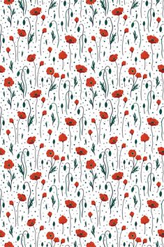 red flowers on white background with green stems and dots in the center, seamlessly