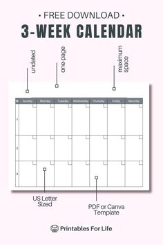 Plan efficiently with this free, undated 3-week calendar printable. Features one page with maximum writing space. Perfect for organizing events, timelines, or schedules. Includes a free PDF or Canva template.