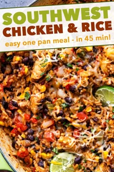 southwest chicken and rice recipe in a skillet with lime wedges on the side