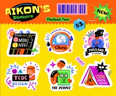 the stickers are all different colors and shapes, including one with an orange background