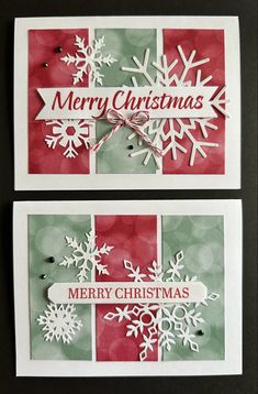 two cards with snowflakes on them and merry christmas tags attached to the front