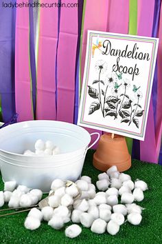 there is a bucket and some cotton balls on the grass next to a sign that says dandelion drop