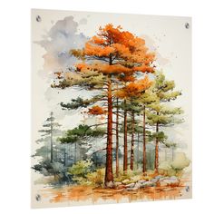 a watercolor painting of trees with orange leaves on the top and bottom, in front of a white background