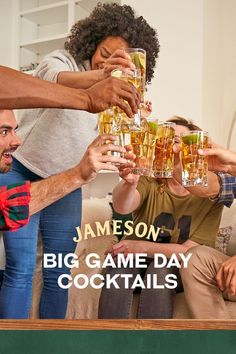 four people toasting with champagne glasses in front of them on a couch that says jameson's big game day cocktails