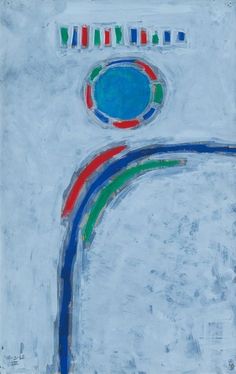 an abstract painting with blue, green, red and white colors