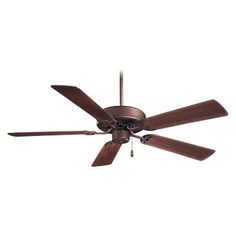 a ceiling fan that is brown and has four blades