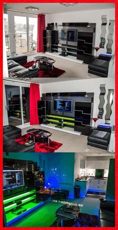 two pictures of a living room with couches and televisions in it, one is black and the other is red