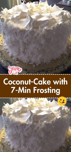 coconut cake with 7 - min frosting recipe on the top and bottom, topped with whipped cream