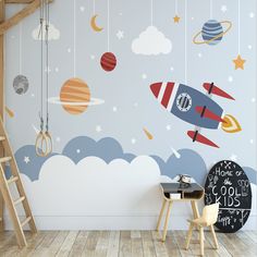 Chambre Bébé Thème Nuage et Etoile | Le Petit Intissé Nursery Idea, Space Themed Bedroom, Boys Room Design, Clouds Nursery, Cafe Wall Art, House Organisation, Kids Bedroom Designs, Baby Boy Room Nursery