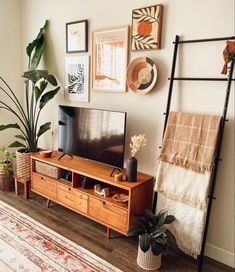 a living room with a tv, plants and pictures on the wall above it's entertainment center