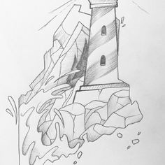 a pencil drawing of a lighthouse on top of a cliff with waves crashing over it