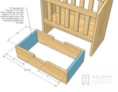 a wooden bed frame with measurements for the bottom and side drawers on each side,