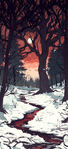 the sun is setting over a snowy forest with trees and stream running through snow covered ground