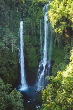 a large waterfall in the middle of a forest filled with lots of trees and water