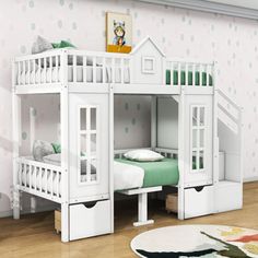 there is a white bunk bed with two sets of drawers underneath it and a rug on the floor