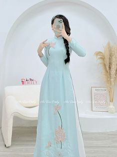 🌻Material: Lụa vân gỗ 🌻Stretchy level: 2/10 🌻 The measurement of this ao dai (long dress) is in Vietnamese size (American size tends to be bigger for the same size). Please LOOK AT THE SIZE CHART CAREFULLY BEFORE ORDERING. There might have some chalk writings on the fabric due to making process. These marks can be washed away easily. 🌻🌻No returns or exchanges Buyer can contact seller about any issues with an order. 🌸 Follow us Facebook/aodaiemily www.aodaiemily.com 💜 Thank you very much💜 Spring Floor-length Sets With Resham Embroidery, Festive Long Sleeve Sets With Embroidered Hem, Blue Traditional Wear With Intricate Embroidery For Spring, Traditional Light Blue Dresses For Eid, Spring Wedding Kurta With Embroidered Border, Spring Blue Traditional Wear With Intricate Embroidery, Light Blue Embroidered Dress For Eid, Light Blue Long Sleeve Dress With Floral Embroidery, Embroidered Floor-length Spring Sets