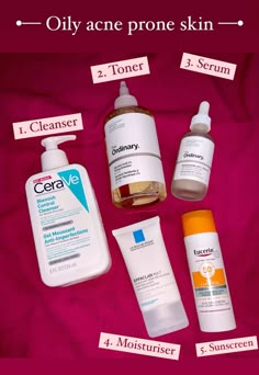 Cerave clenaser with Salicylic acid | Glycolic acid toner | Niacinamide and Zinc serum | Effaclar moisturiser | Eucerin oil control Suncreen | The Ordinary products | la Roche-Posay Oily Acne Prone Skin, Acne Prone Skin Care, Black Heads