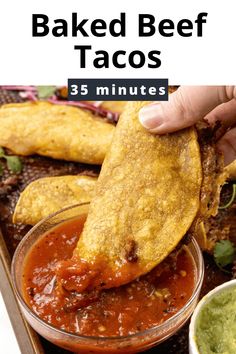 baked beef tacos in a pan with salsa and guacamole on the side