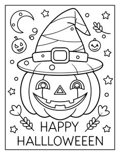 a happy halloween coloring page with an image of a pumpkin wearing a witch's hat