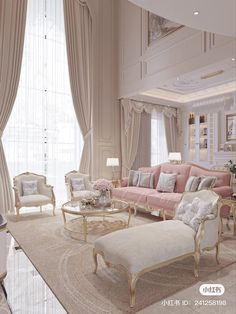 a living room filled with lots of furniture next to a tall white window covered in curtains