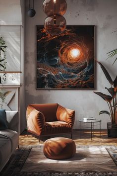 a living room filled with furniture and a painting on the wall next to a chair