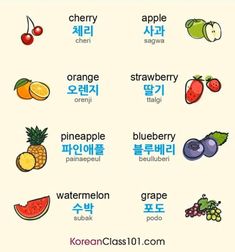 an image of different fruits and vegetables with the words in korean written below each one