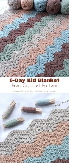 a crocheted blanket with several balls of yarn on it and the text g - day kid blanket free crochet pattern