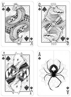 four playing cards with the same design on each card, one in black and white