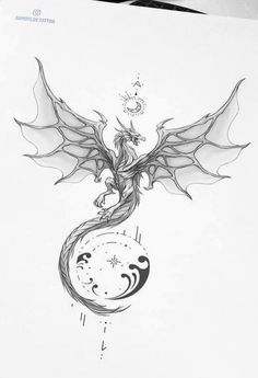 a drawing of a dragon flying over the moon with its wings spread out and eyes closed