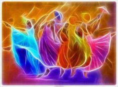 three women in colorful dresses are dancing together