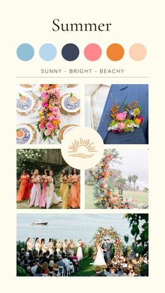 an advertisement for a wedding party with different colors and pictures on the front, along with text that reads summer sunny - bright - beachy