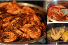 there are pictures of shrimp being cooked in the pan and then fried with seasoning