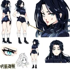 an anime character with long black hair and blue eyes, wearing short shorts and boots