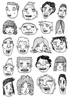 the faces of people with different facial expressions and hair styles are drawn in black ink