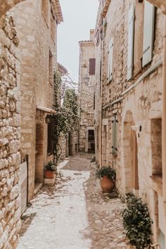 an alley way with stone buildings and potted plants on either side, surrounded by cobblestones