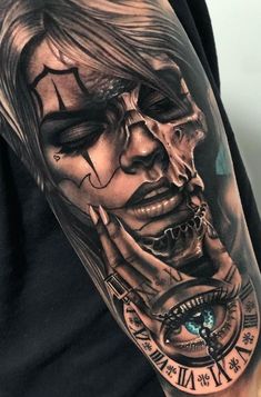 a man's arm with a clock and face tattoo on it, while he is wearing