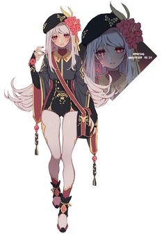 an anime character with long white hair wearing a black outfit and holding a red flower in her hand