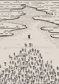 an old black and white drawing of people standing in the water