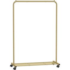 a gold metal garment rack with wheels on the top and bottom, against a white background